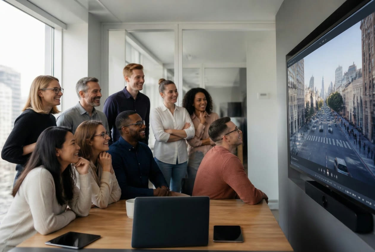 Team gathered around a screen for a private virtual tour