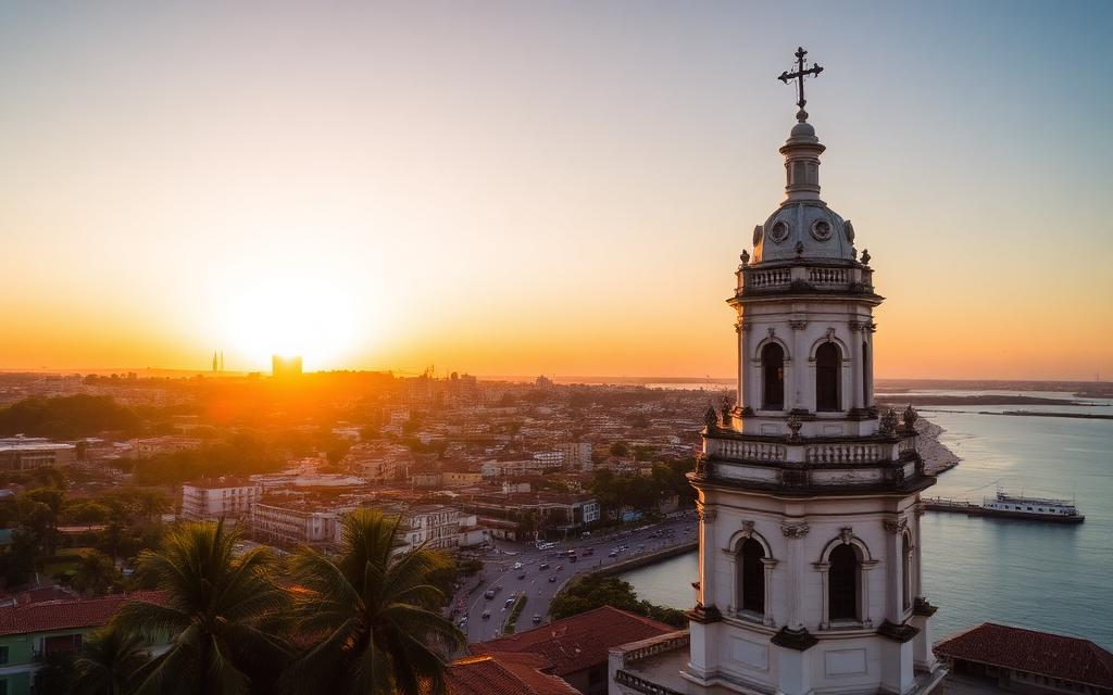 Sunset over Salvador, Bahia, with a historic bell tower above the Bay of All Saints