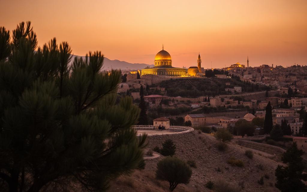 The Mount of Olives overlooking Jerusalem's Old City and the Dome of the Rock at golden hour