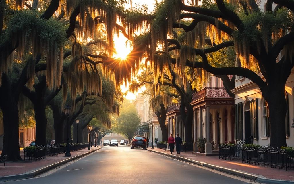 Historic oak-lined Savannah street at golden hour with Spanish moss and antebellum homes