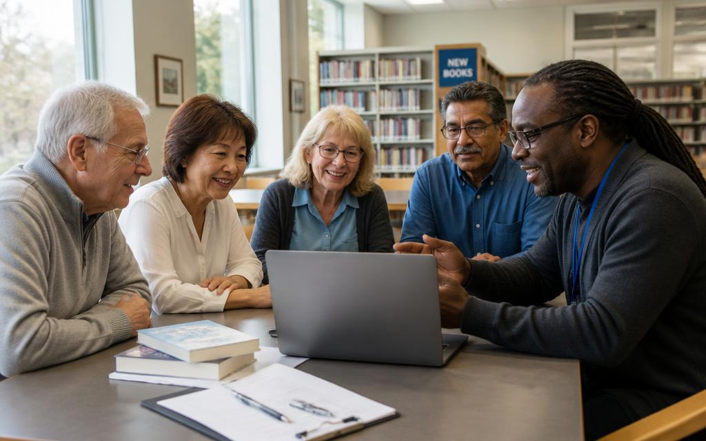 Community members and their activities coordinator gathered around a laptop planning a virtual tour